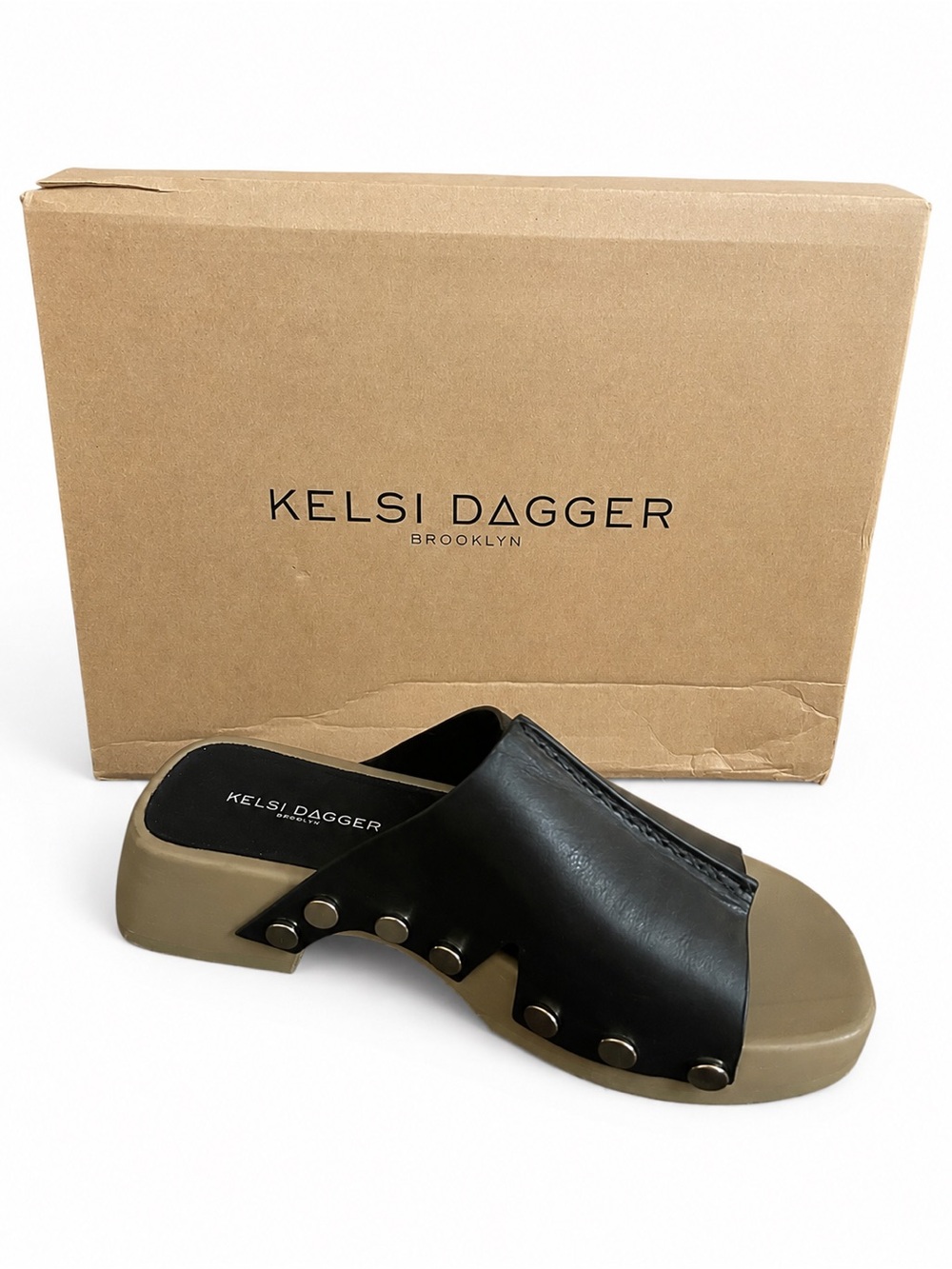 Kelsi Dagger Brooklyn June Black Leather Slide Mule Platform NIB